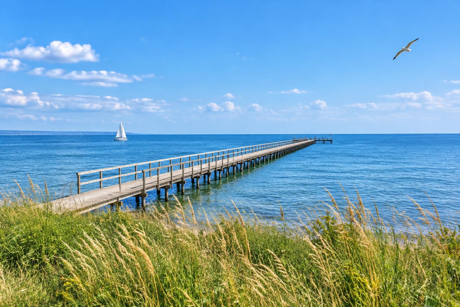 Bjärreds långa brygga ut i havet en solig sommardag